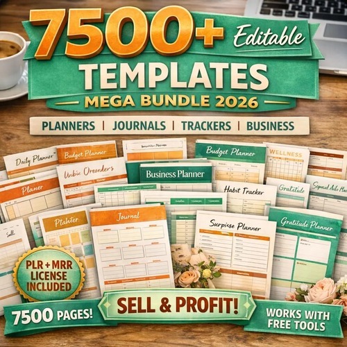 [PDF] 7500+ Template Planner Bundle 2026 Journal Tracker Editable PLR MRR Digital Download