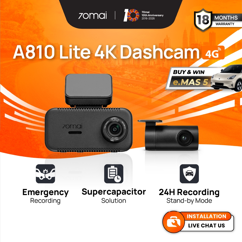 [2026 NEW] 70mai A810 Lite 4K Resolution + HDR | 4G Connectivity | Compact Size | Supercapacitor | App & Voice Control