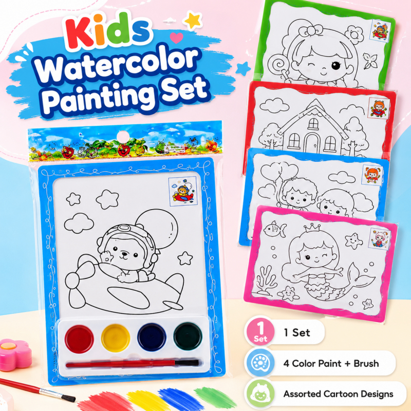 1 Set Kids Watercolor Painting Set Children Colouring Art Craft Toy with Brush & 4 Color Paint Random Cartoon Design Had
