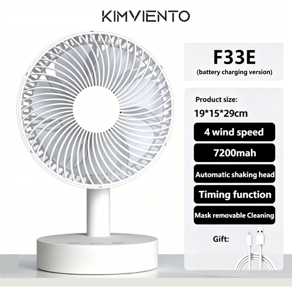 KIMVIENTO 7200mAh Desk Fan Rechargeable Electric Table Fan Home Office Fan Kipas Meja