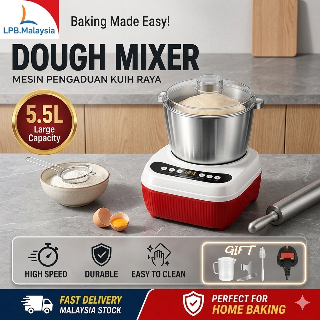 5.5L Large Capacity Dough Mixer Stand Mixer Mesin Pengaduan Kuih Raya Bread Maker Home Baking Mixer Stainless Steel Bowl