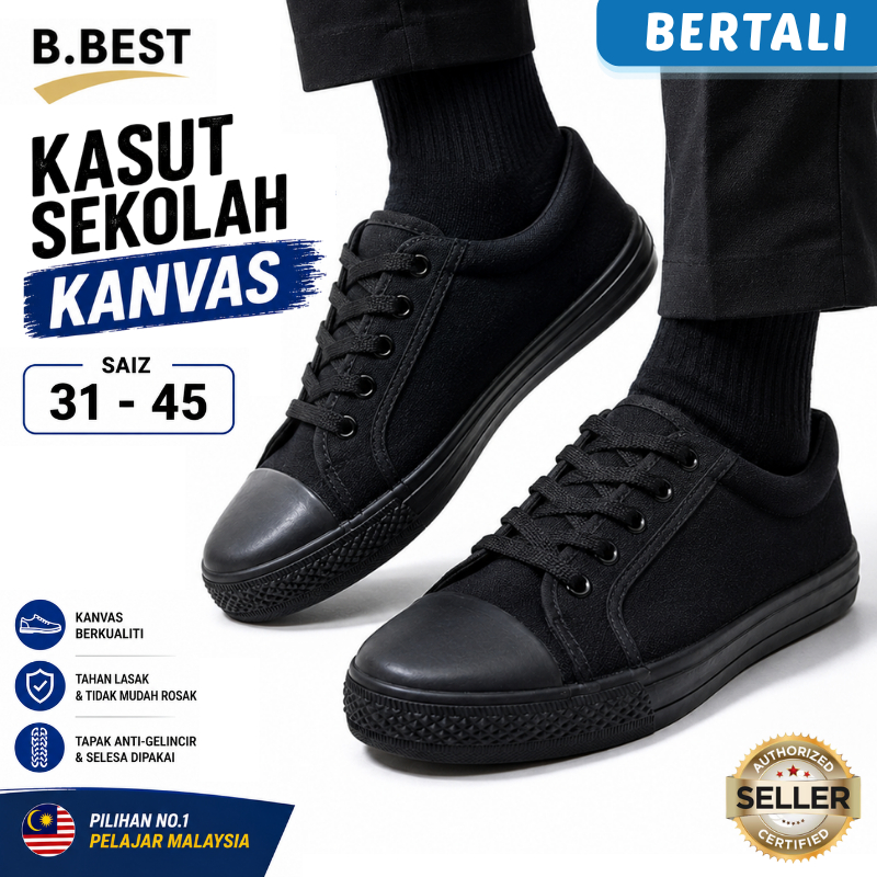 B.BEST ORIGINAL Kasut Sekolah Hitam School Shoes Black Canvas Shoe Lace Unisex (Back To School)