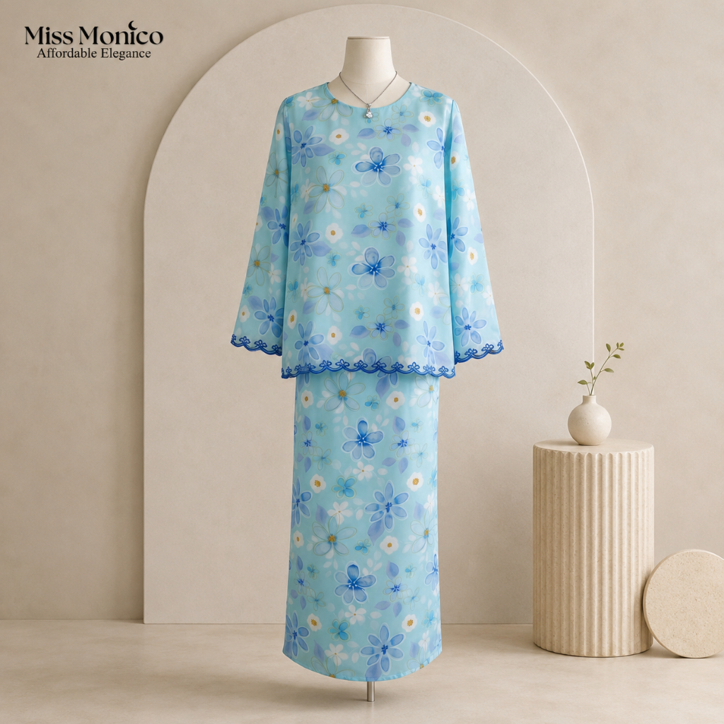 【MS MONICO】SERRA Set Baju Kurung Moden Renda Sulam, Cetak Air Kasual Untuk Wanita, Lembut dan Sejuk