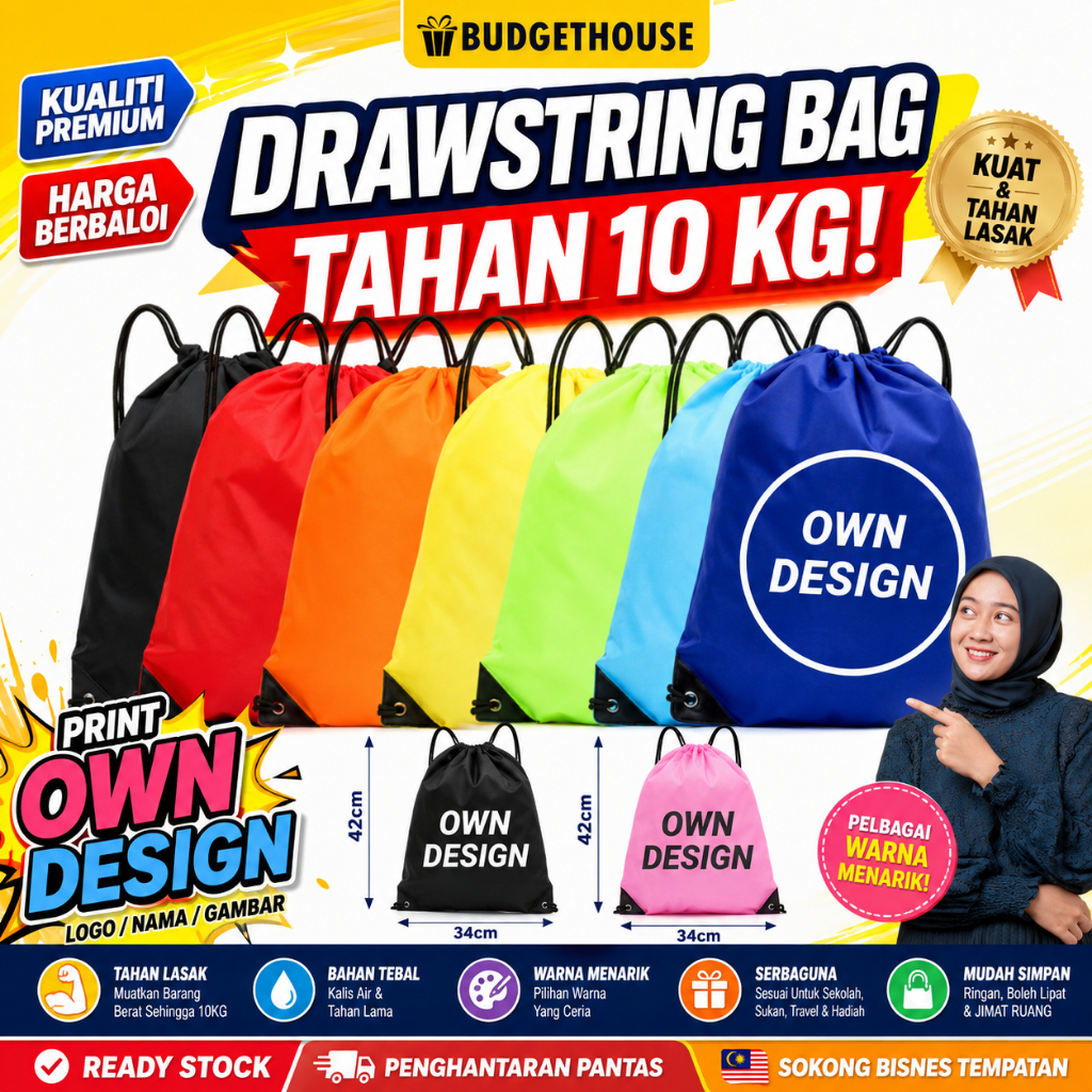 Drawstring Bag Custom + Print Colour Logo / Wording / Picture / QR Sports Backpack Waterproof Bag Pack Tuition Bag