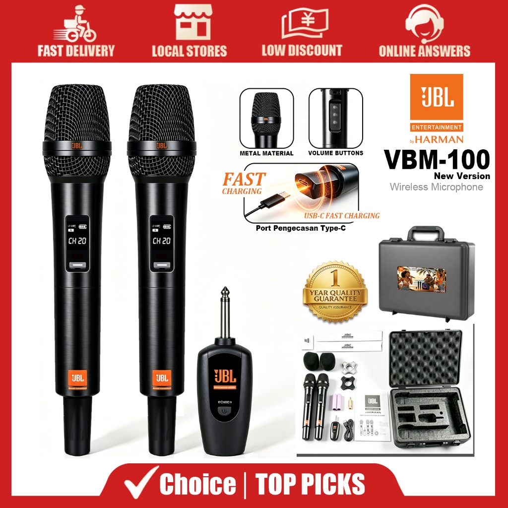 JBL VBM-100 Wireless Microphone UHF Metal Portable Handheld Mic for Home Party Event Karaoke