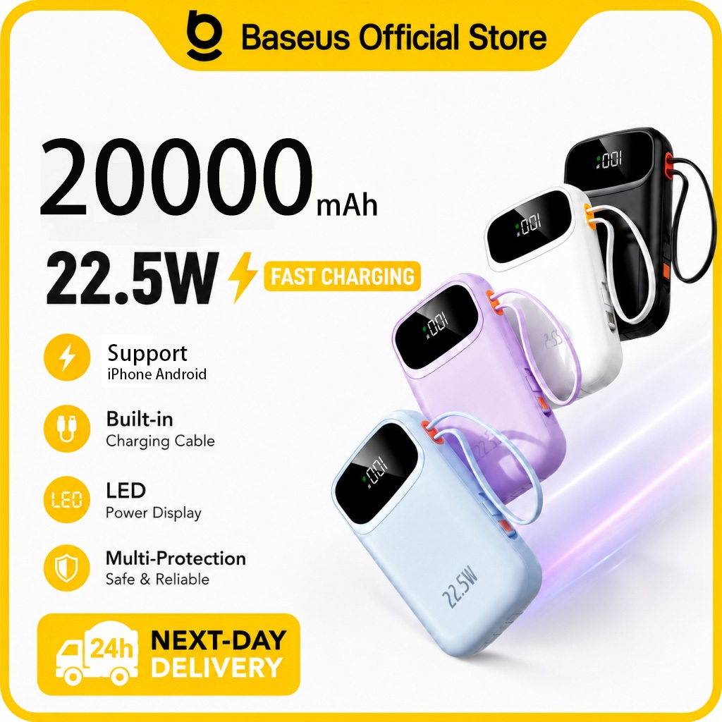 【3C Certified】Baseus 20000mAh Power Bank PD22.5W Fast Charging Portable Charger Built-in 3 Cables Digital Display