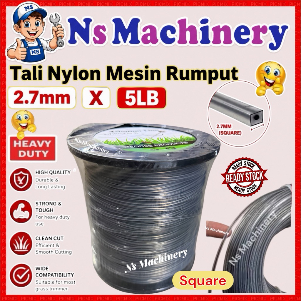 Heavy Duty 5Lb 2.7mm Square Cut Trimmer Line/Tali Mesin Potong Rumput Warna Kelabu/Trimmer Line Brush Cutter 2.7mmx5Lb