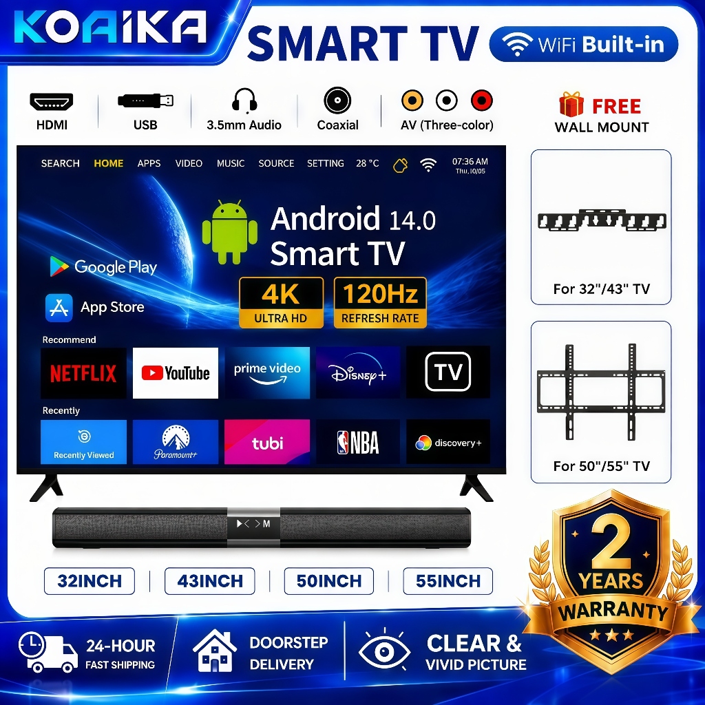 KOAIKA Smart TV 32" 43" 50" 55‘’ Full Screen Boarderless 1080P 4K FHD Android LED Television Netflix Youtube MYTV DVB-T2
