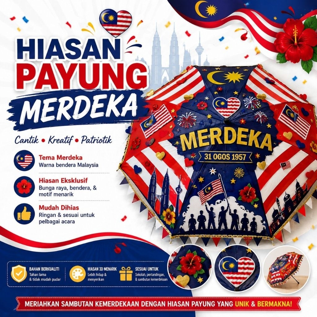 Hiasan Payung Merdeka Kad / Malaysia Madani Bendera Wau Tokoh Folio Tradisional / kaum / bunga raya