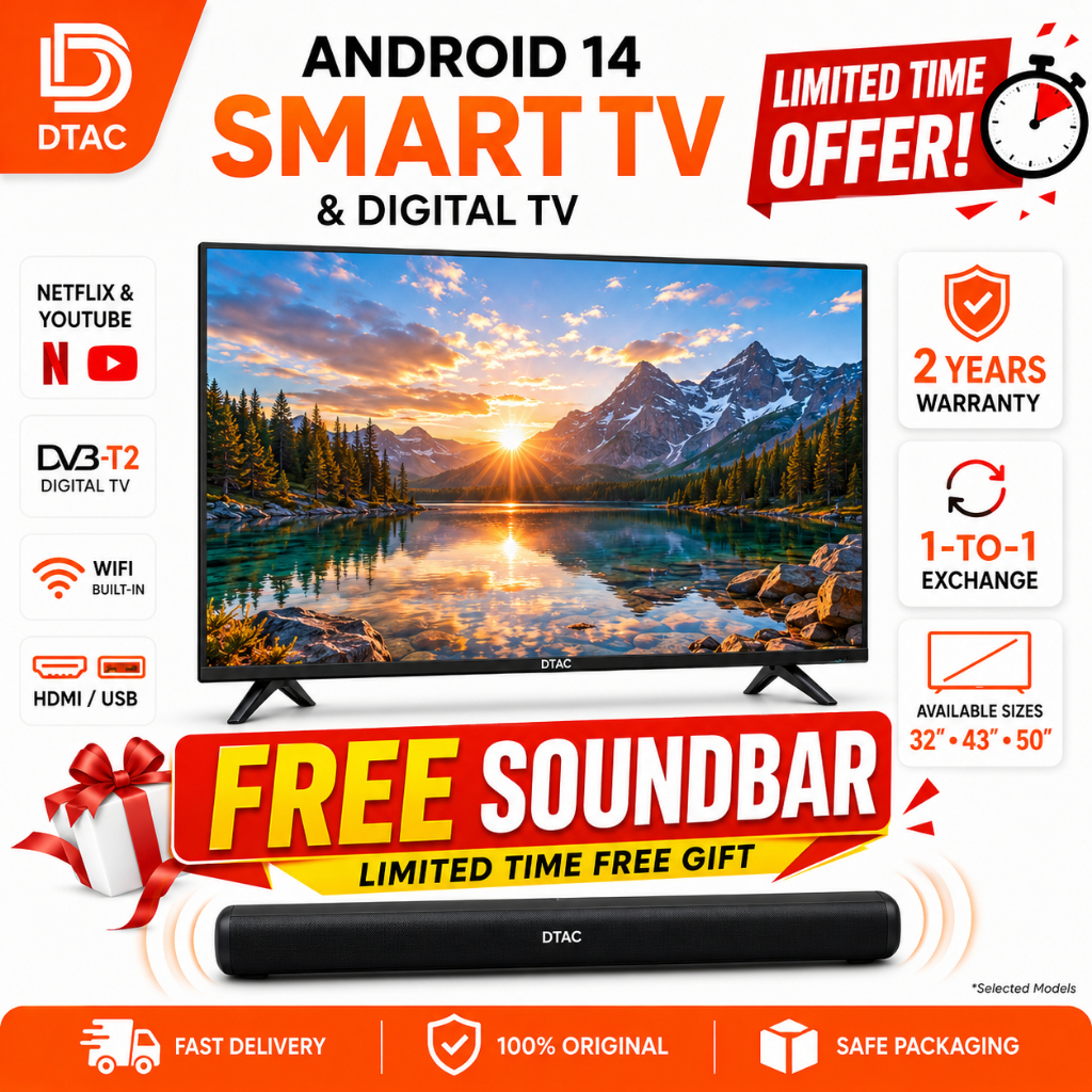 Televisyen Pintar DTAC  Smart Android Goggle Netflix 40"Inch Tv Murah – FHD LED | VGA | HDMI | USB |