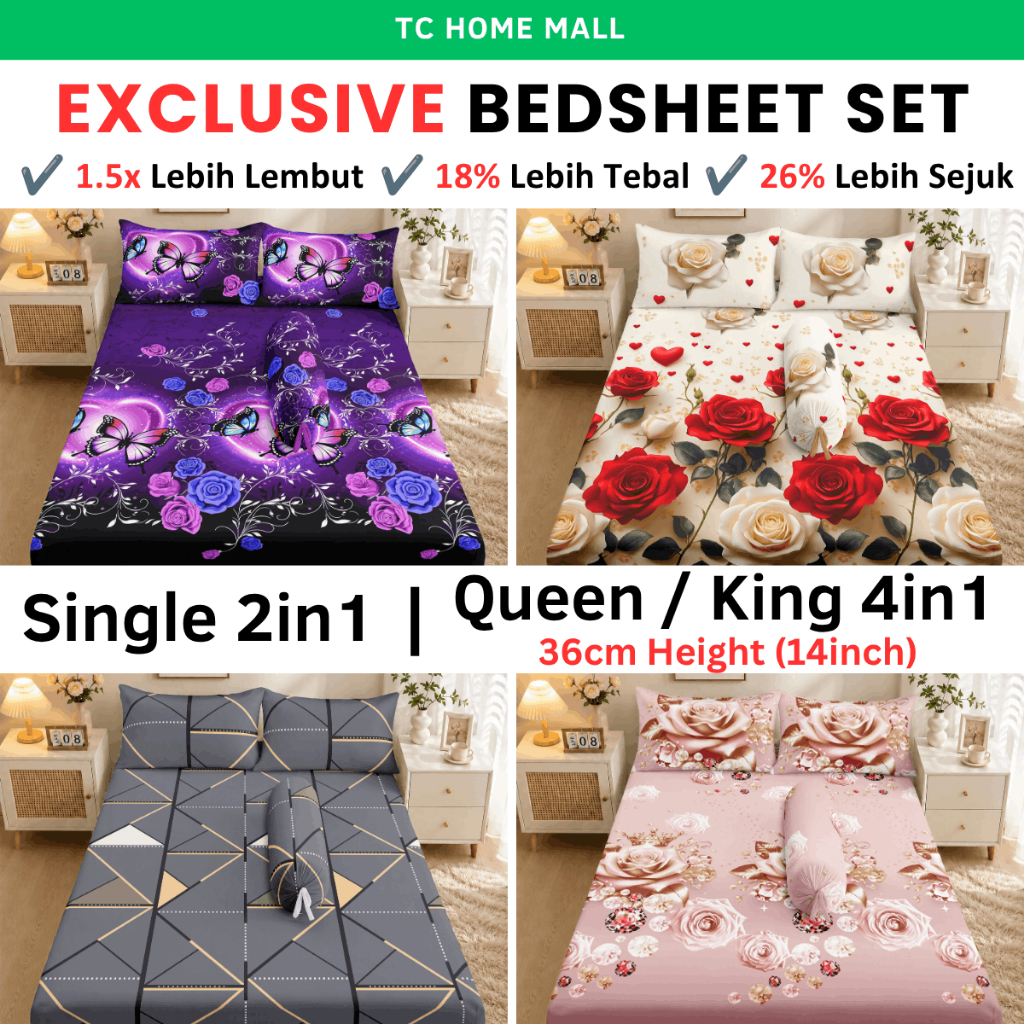 Cadar Single 2 in 1 Cadar Queen Getah Keliling 4 in 1 Sarung Tilam Single Cadar Murah King Size Fitted Bedsheet Cotton