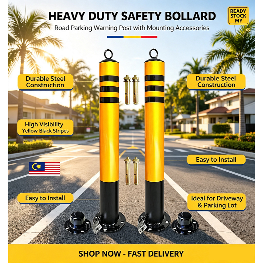 (30Inch) H/D Metal Safety Bollard Pole Cone Detachable FOC Key Lock Ring Type Screw Set Reflective Strap Parking Post