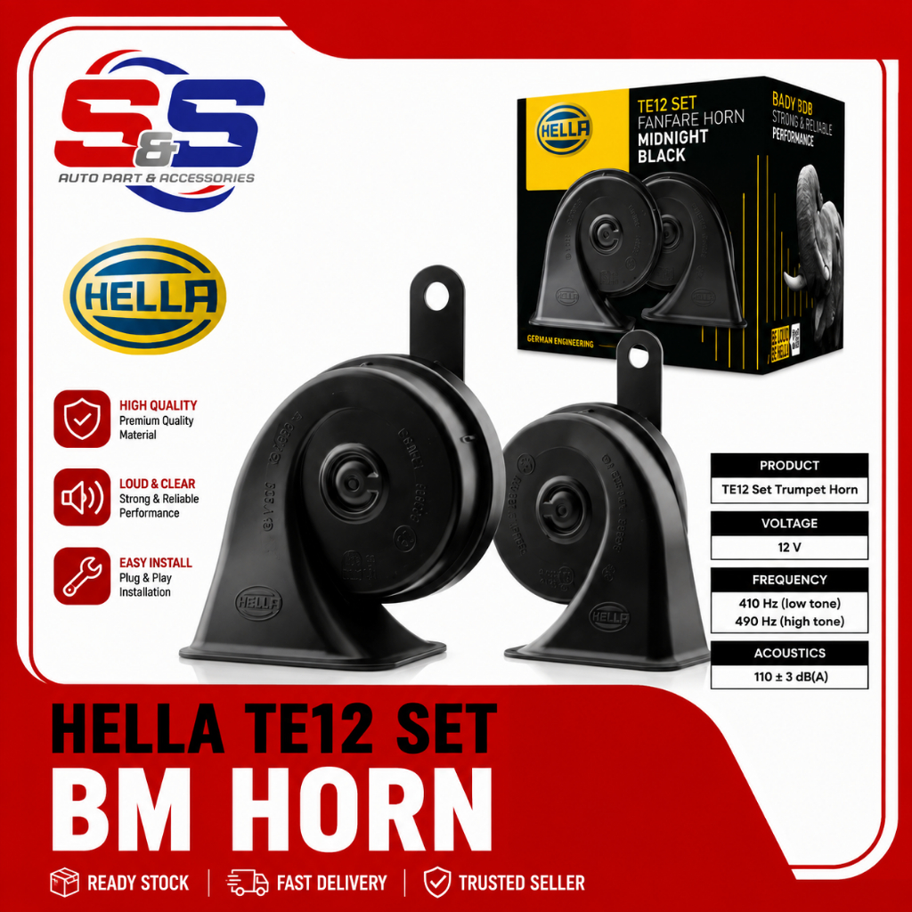 Hon Hella Kalis Air 12V Kereta Motosikal Car Waterproof Twin Tone Trumpet Horn TE12 Midnight Black Original