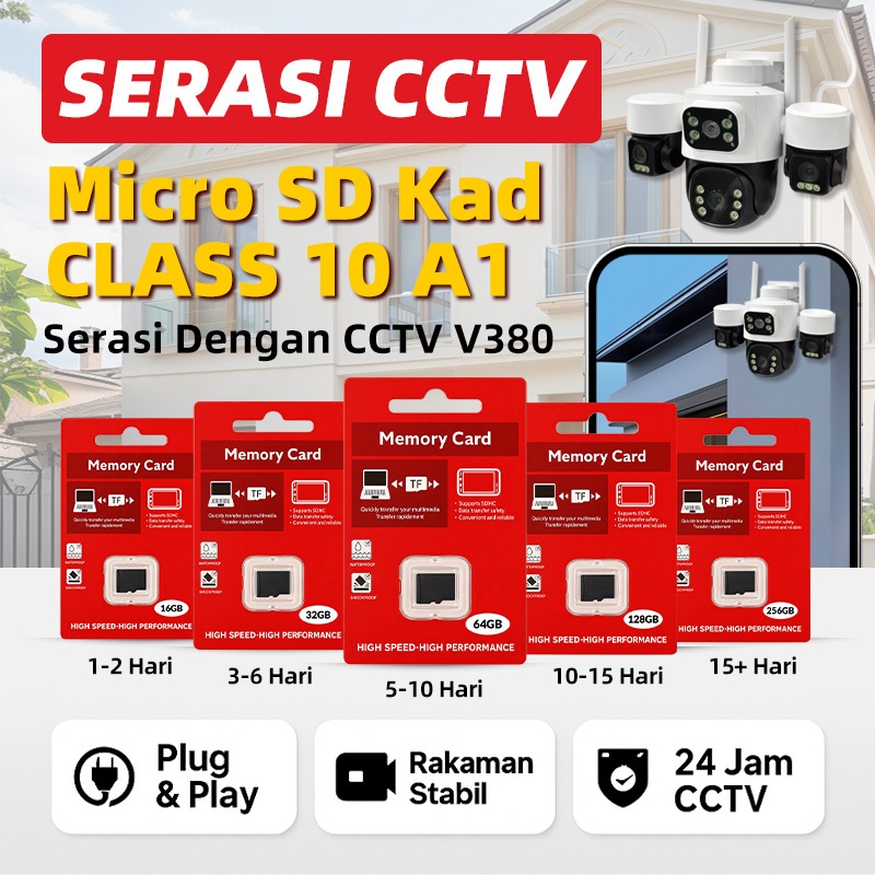 Kad Memori Micro SD Class 10 A1 | Serasi CCTV Kamera V380 | 16GB 32GB 64GB 128GB 256 | Laju & Stabil