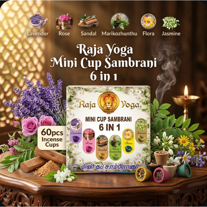 Raja Yoga 6-in-1 Mini Cup Sambrani Incense Cups (60 Pieces) Assorted Aromatherapy Fragrance Set