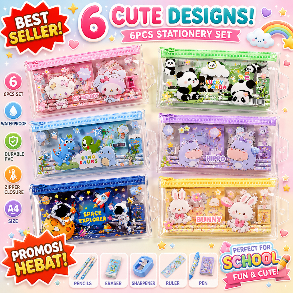6Pcs Set Alat Tulis Kawaii Kanak-Kanak | Pensel, Pemadam & Pengasah | Beg Zip PVC Tahan Air | Hadiah Sekolah