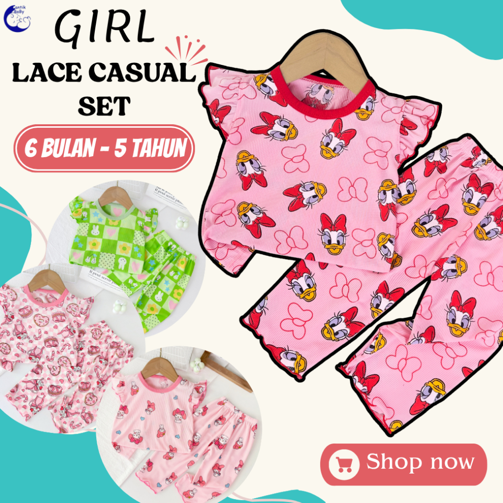 CantikBaby | Baju Tidur Bayi & Kanak-Kanak -Lengan lace & Seluar Panjang Corak Comel Kain Sejuk 6 Bulan- 5Tahun