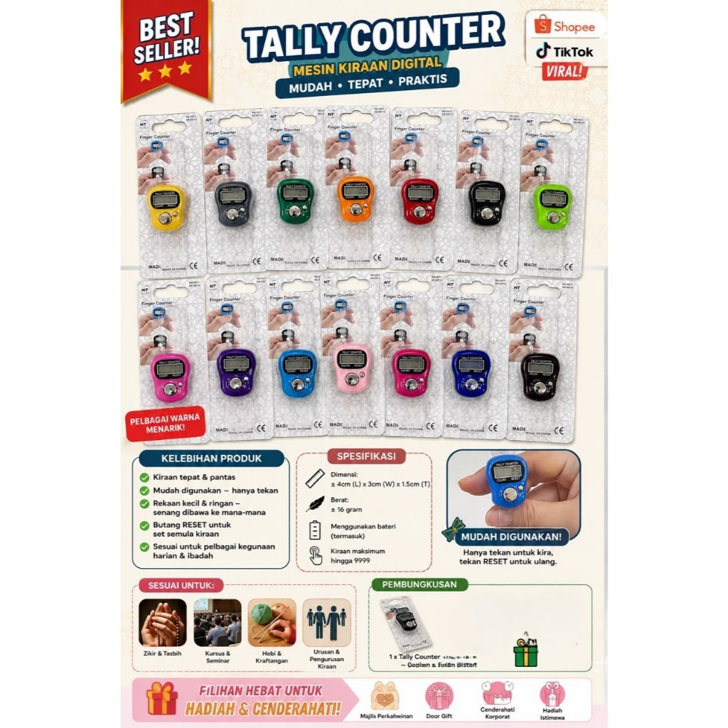 tasbih digital finger counter exercise pengira zikir for tashbih door gift atau buat manik bling tasbeh LCD LED Tasbeeh