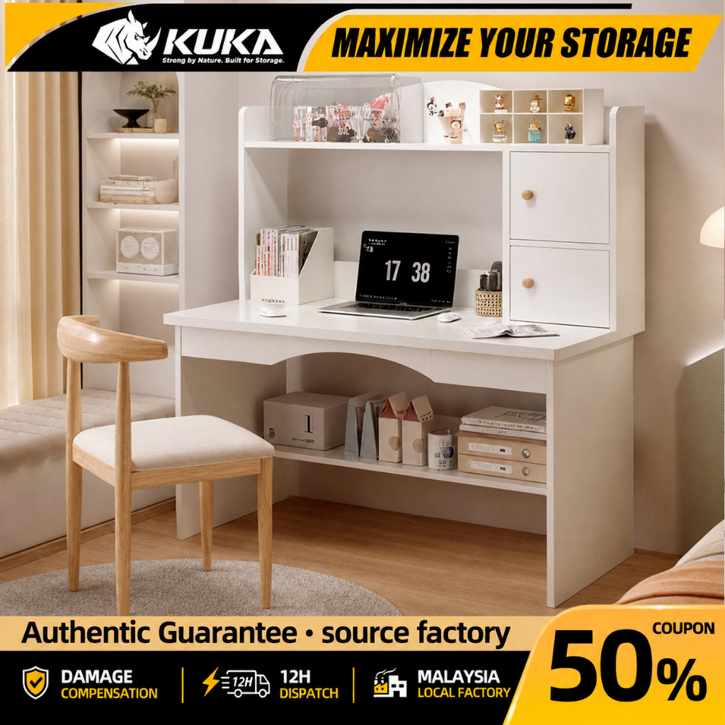 💖Study Table Meja belajar Computer Table With Book Shelf Modern Office Desk Easy Install Storage Table Student Desk 电脑桌