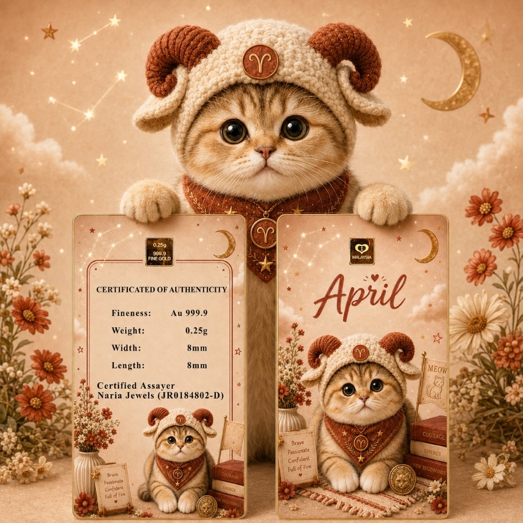 Naria 999.9/24K Gold Bar 0.25gm Cute Cat April Design Edisi Kucing Comel&hellip;
