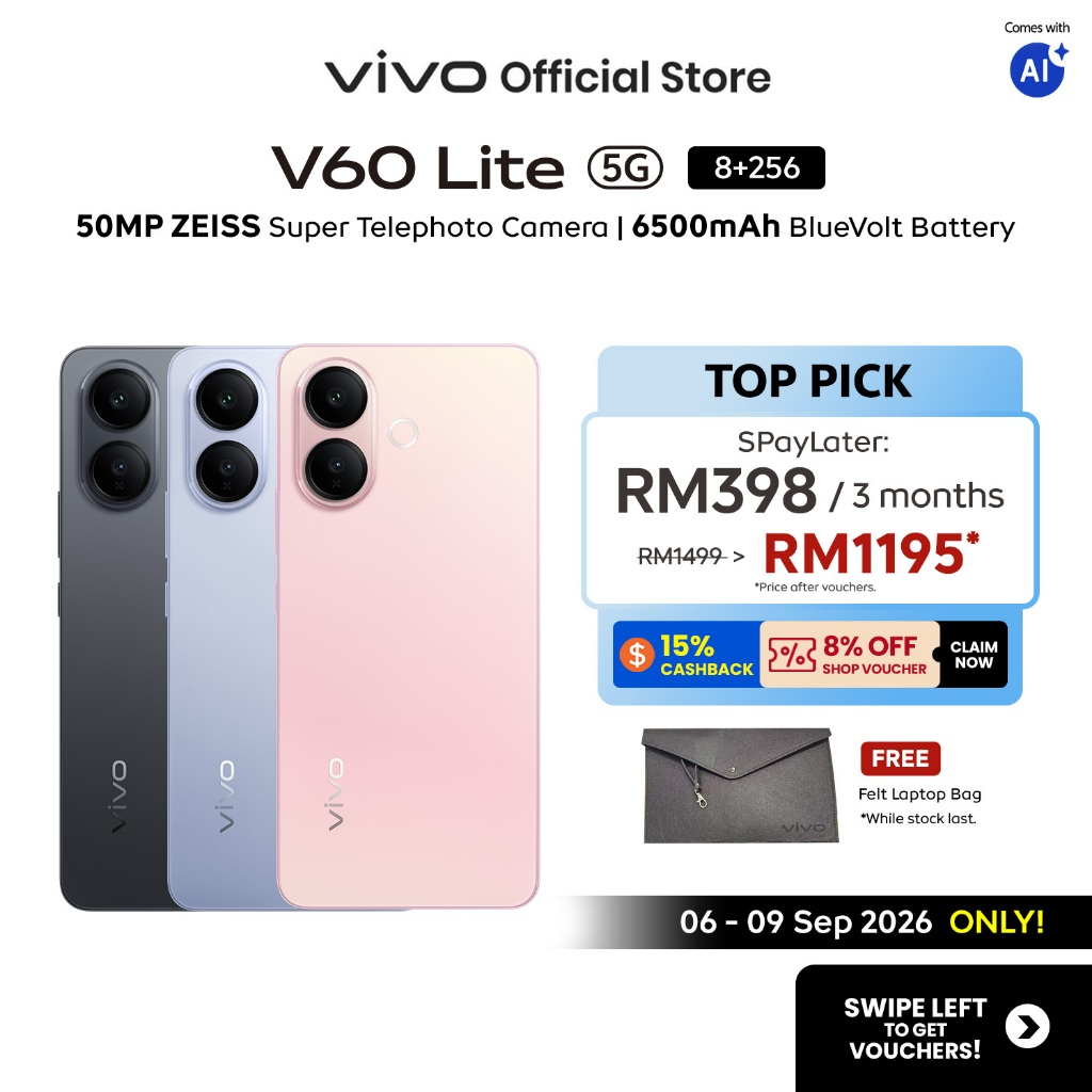 [Promo] vivo V60 Lite 5G 16*(8+8)GB+256GB 50MP Sony IMX882 7360-Turbo Dimensity AI Aura Light 90W 6500mAh 120Hz