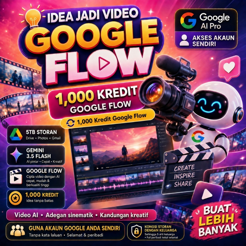 1,000 Flow Credit | Buat Video Ai Pantas | Video Ai Google Flow | Private Acc | Instant Delivery | 5 TB | Gemini Pro