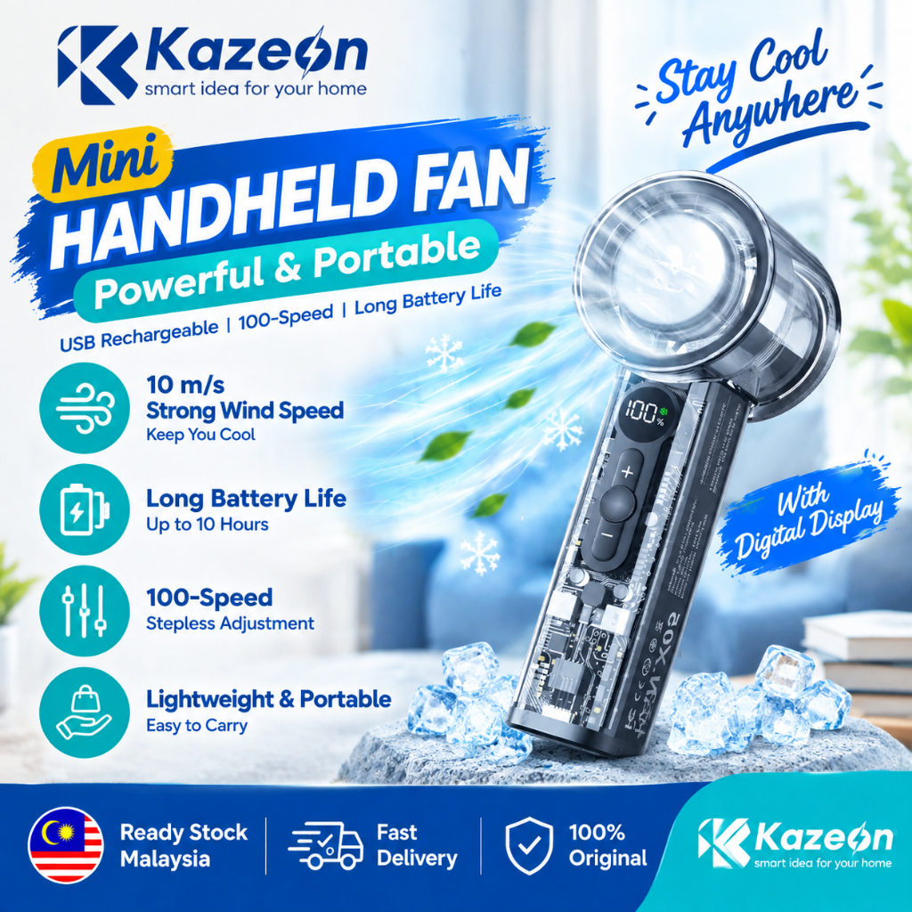 🔥Ready Stock🔥KAZEON X05 Kipas Cooling Fan Mini Fan 3000mAh 100 Speed Mini Kipas Tangan USB Handheld Fan With LED Display