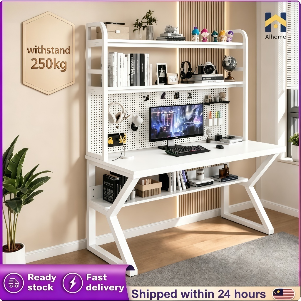 AH Meja Belajar Computer Table With Storage Bookshelf Steady Home Living Room Student Study Desk With Pegboard