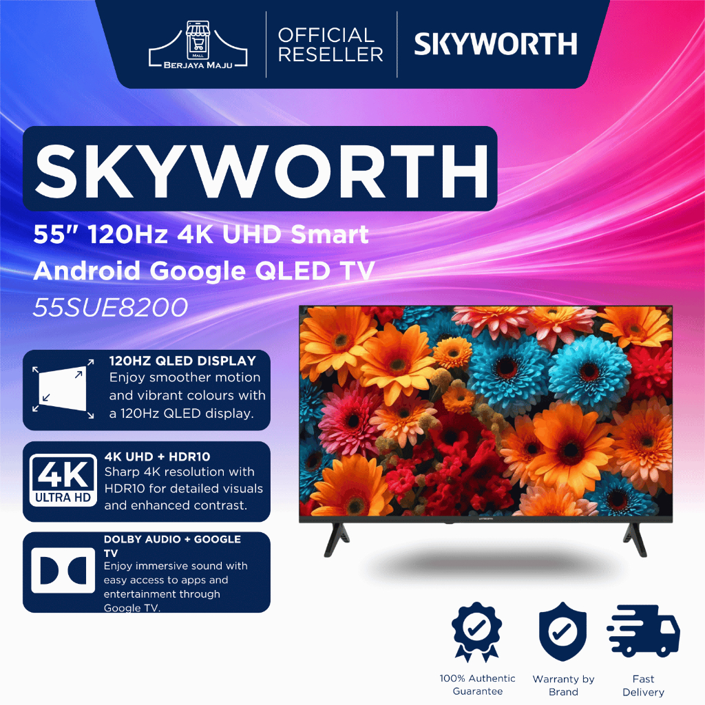 Skyworth 55" 120Hz 4K UHD Smart Android Google QLED TV 55SUE8200 | 4K UHD Smart TV Google TV Android TV HDR10 Dolby Audi
