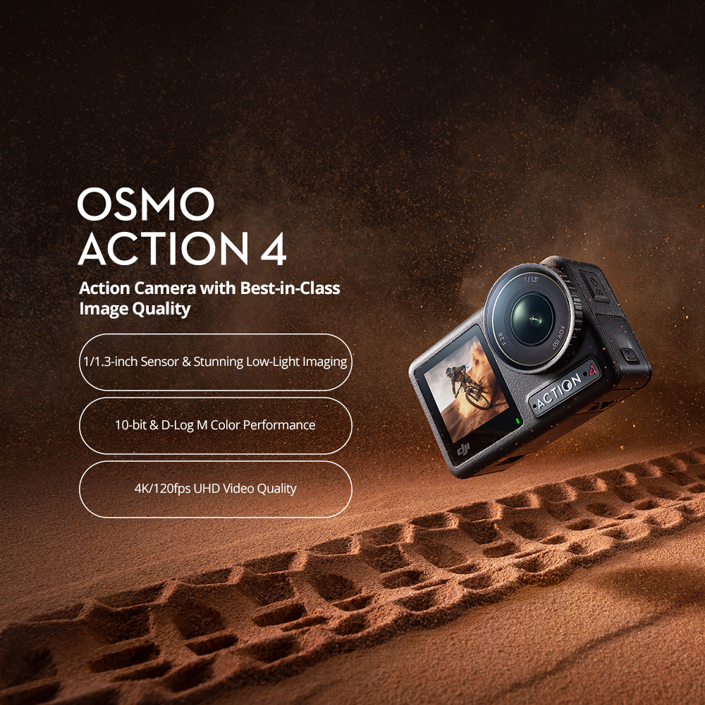 DJI Osmo Action 4 - Action Camera | 1/1.3-inch Sensor & Stunning Low-Light Imaging | 10-bit & D-Log M Color Performance