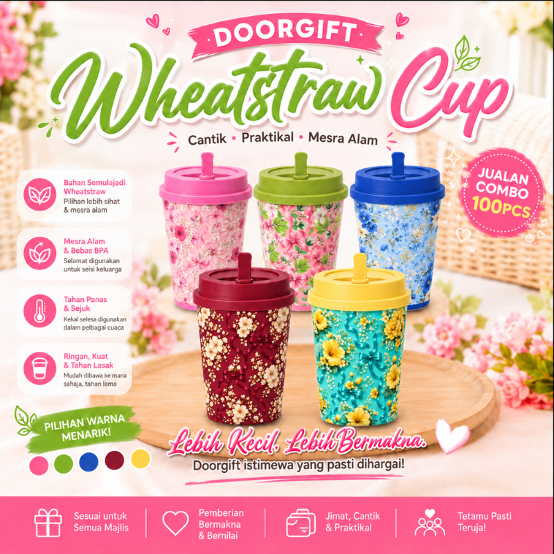 TBF Wheatstraw Cup Doorgift Set【100PCS】| Eco-Friendly Reusable Tumbler with Gift Box | Mix Colour Souvenir Cup