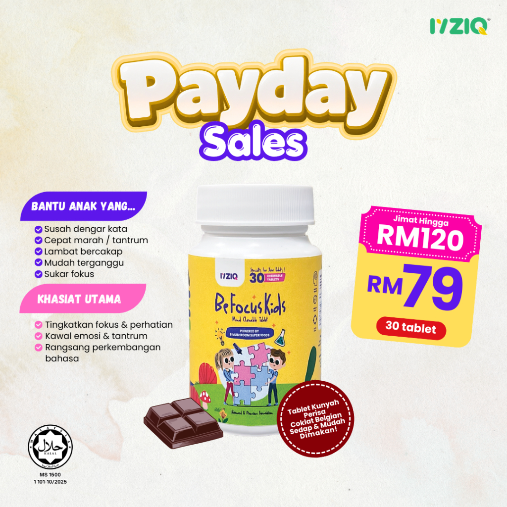 Iyziq Befocuskids | Mind Chewable Tablet | 30 Tablet | Bantu Memori, Lebih Bertenaga, Kekal Focus| 8 Cendawan