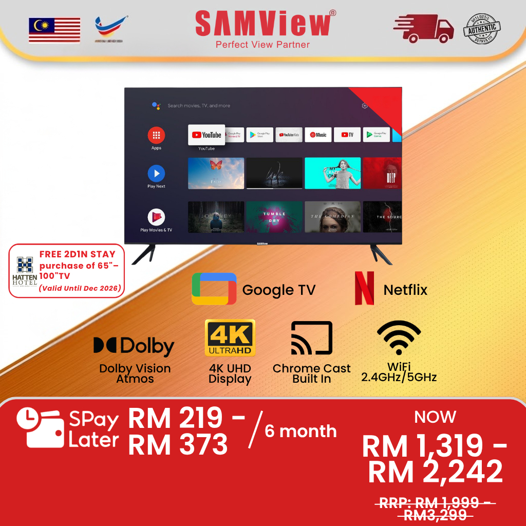 SAMView 4K QLED 50"/55″/65" Licensed Google Android Smart LED TV with Chromecast, Bluetooth and Dolby Sound