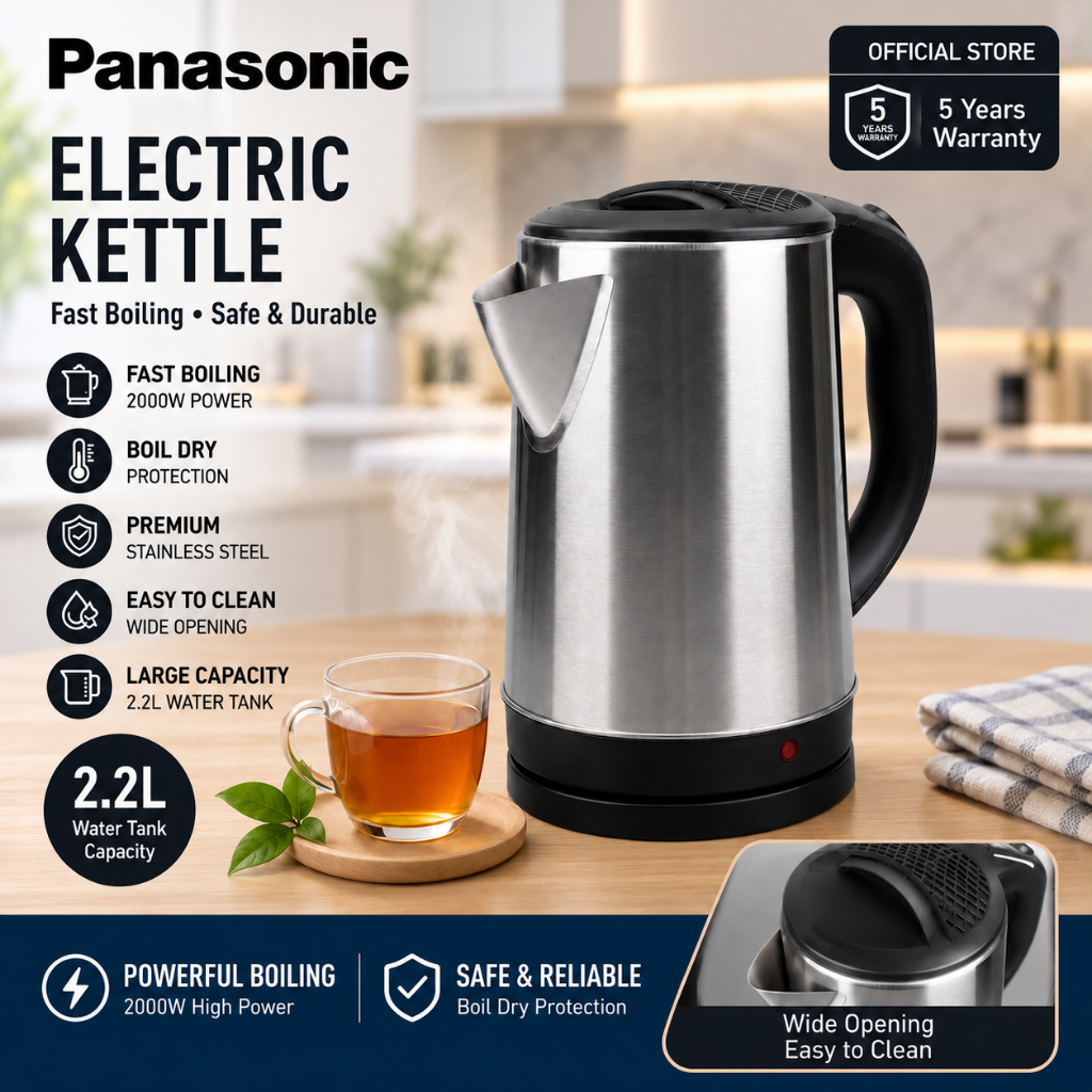 Panasonic Kettle Stainless Steel Electric Kettle Jug Hot Water Boiler Cerek Electric 2000W 2.3L
