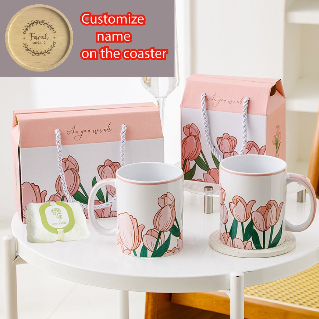 Custom name Personalized gift mug with lid coaster Hot Cold resistant Custom ceramic mug nama Cawan kaca doorgift