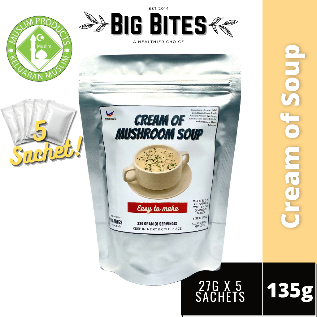 Bigbites Cream of Mushroom/Soup Base/Soup Powder (135 g/ 5 Sachets) [Halal Ingredients][Muslim Bumiputera Product]