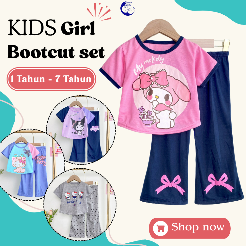 CantikBaby(1-7 Yrs) Crop top + Bootcut Set Baju Budak Perempuan Lengan pendek Seluar Panjang Playset Kids Girl Clothing