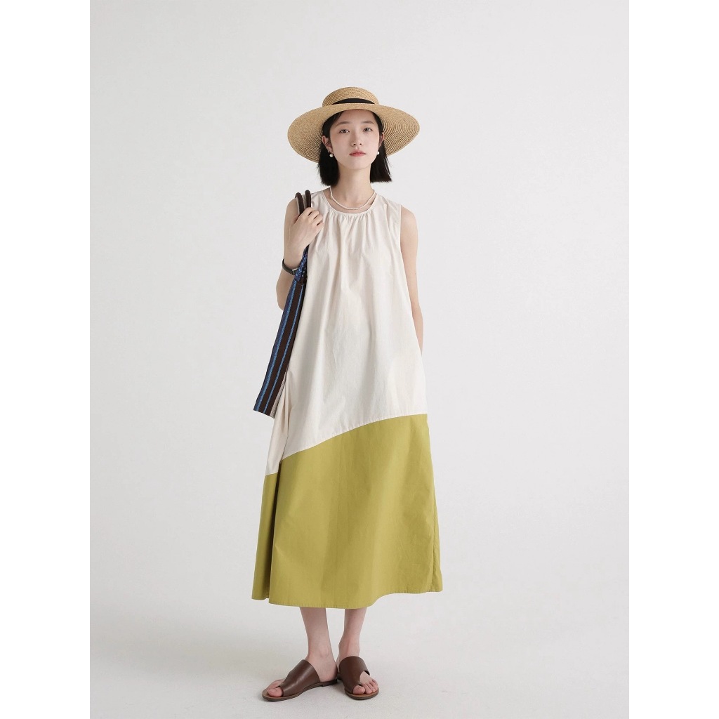 【READY STOCK AT Johor】 Hotgirl⭐Sleeveless contrast color round neck dress women's irregular stitching long skirt