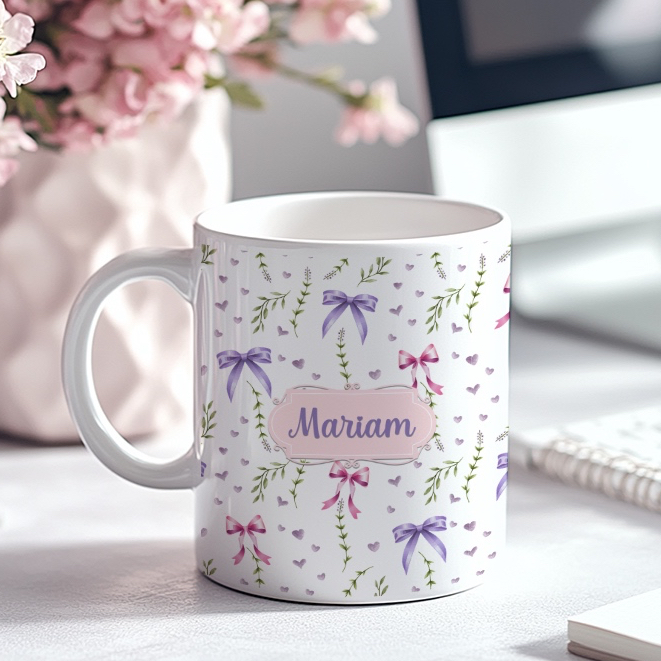 Pink Purple Ribbon Mug Personalised with Name/Text, birthday, harijadi, gift, teacher, mug, kucing