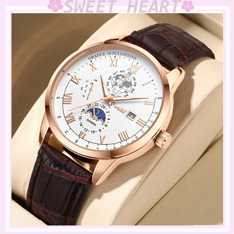 Threeeye Star Fashion Men's Leather Business Watches Moon Calendar Style Jam Tangan Lelaki Leather Strap男士商务手表
