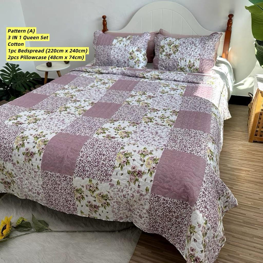 [Ready Stock] 3In 1 Queen Bedsheet Cadar Patchwork  Mudah Dibasuh Set 3 In 1 Corak Rekaaan Terbaru Ruangan Bilik Tidur