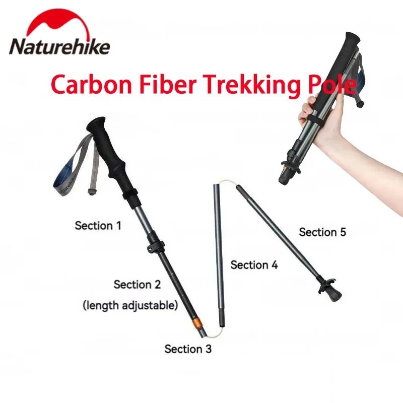 Tongkat Trekking Naturehike 5-Bahagian Gentian Karbon Aloi Aluminium Lipat Alpenstock