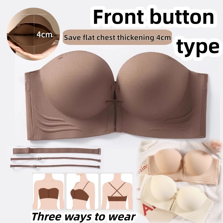 Zoey?4CM Thick Front Clasp Strapless Bra Push Up & Non-Slip Seamless Bra Wireless Bra Women Bra Tube Top Bras无肩带抹胸聚拢内衣