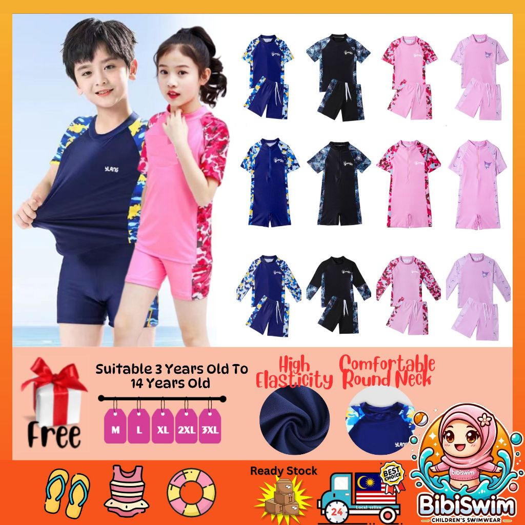 BIBISWIM Swimming Suit Kids Boy Girl Short Sleeve 2 Piece Baju Renang Budak Lelaki Perempuan