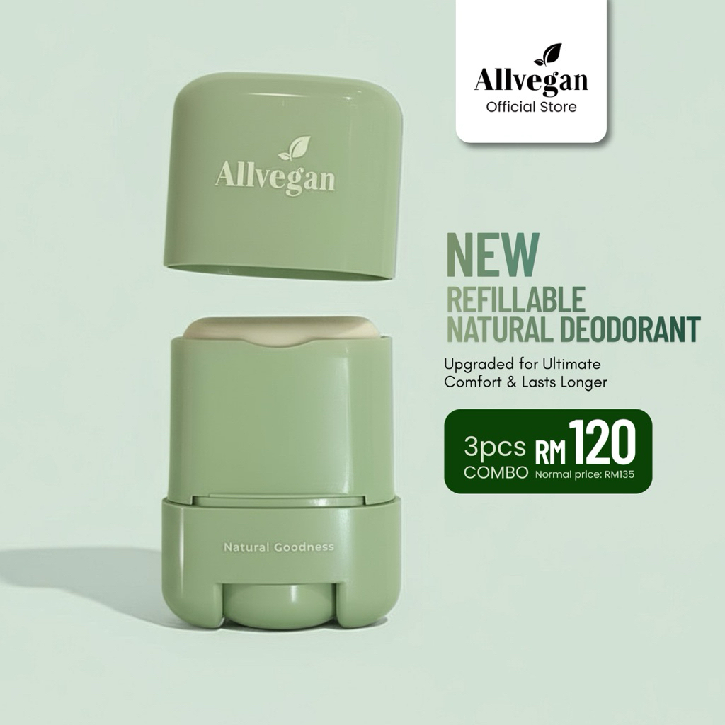 ALLVEGAN Refillable Natural Deodorant Stick - Case & Refill Included (Ready to use)