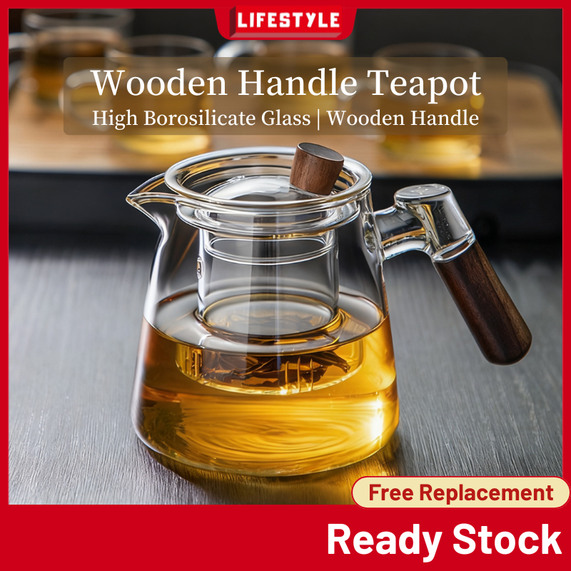 LIFESTYLE Soft Pour Teapot Kaca dengan Pemegang Kayu Kaca Tebal Tahan Haba Glass Tea Pot