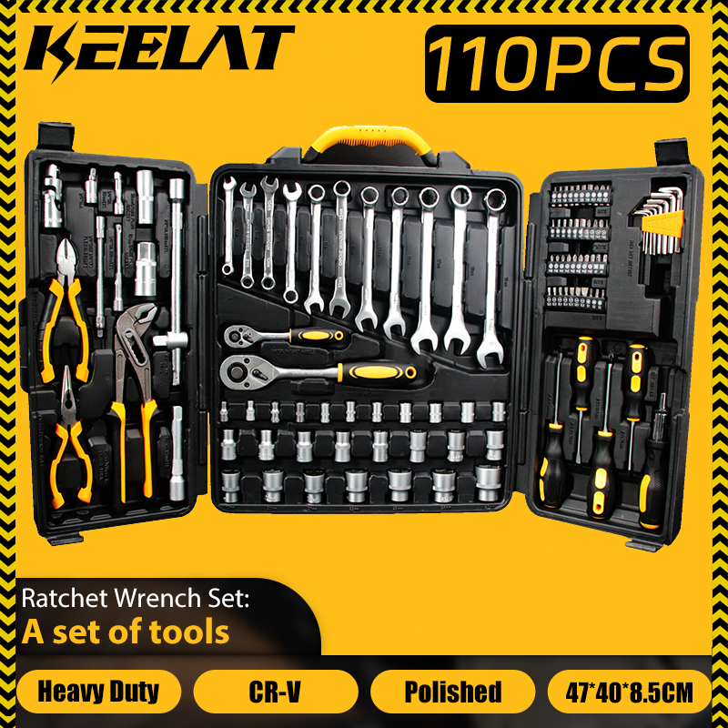 KEELAT 110pcs Hand Tools Multifunctional tool Box heavy duty Spanar Set Repairing set Socket Set 工具箱