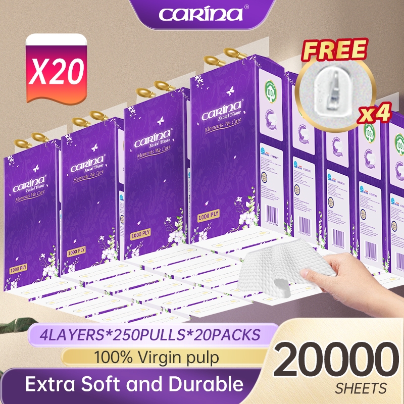 [20 Pek] Carina Tisu Gantung Viral 4Ply 250Pulls 20000Sheet Soft Air-Cushion Hanging Facial Tissue纸巾