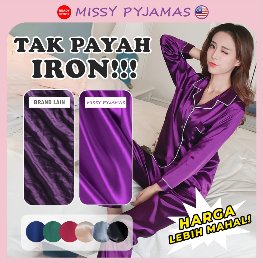 【NEW】Missy Pyjamas Baju Tidur Ice Silk Wanita Homewear Set Seluar Panjang Selesa Perempuan Long Sleeve Sejuk PJ034