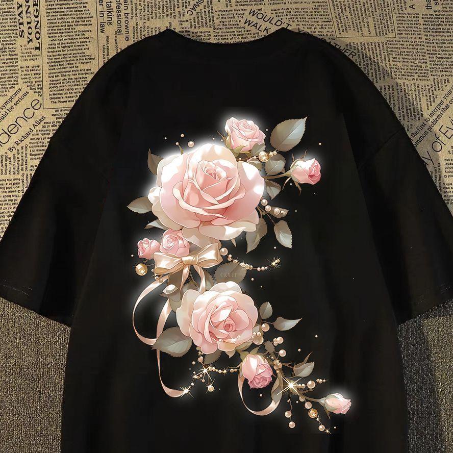 Gaya gelap dan manis! Pearlescent rose print trendy T-shirt masa terhad tawaran istimewa, gadis manis dan cool gaya jala